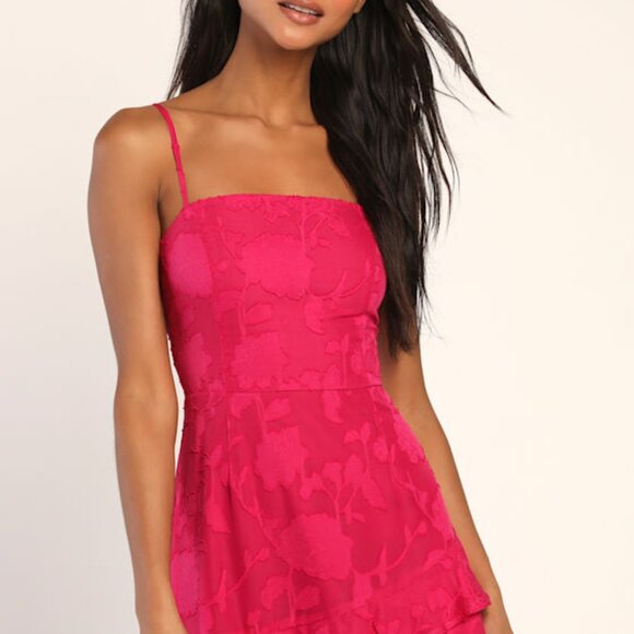 Lulus Days With You Magenta Floral Burnout Ruffled Mini Dress Pink - Size M - Picture 1 of 1